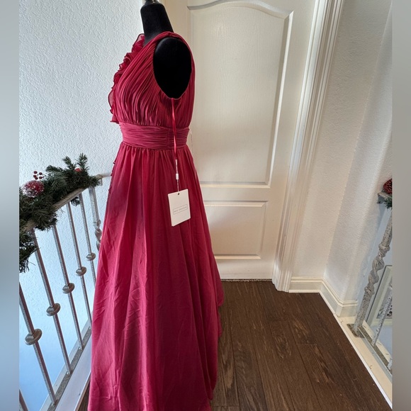 NWT Mac Duggal Sz 8 Ruffled One Shoulder V-neck Chiffon  Burgundy Dress - Picture 10 of 16